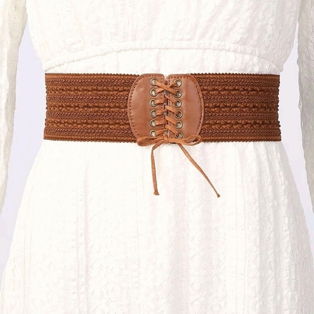 Lace up boho Brown woven corset wide elastic stretch vintage style waist belt - Picture 5 of 14